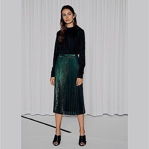 & Other Stories Green Micropleated Midi Skirt